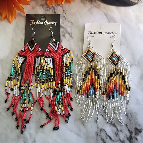 Handmade Native American-Style Beaded Tassel Fashion* Earrings Extra Long 1 pair - Picture 7 of 17